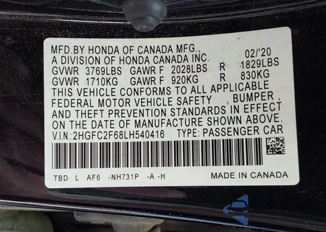 2020 Honda Civic Lx from USA, damaged, VIN 2HGFC2F68LH540416